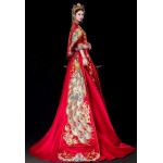 HangErFeng Wedding Dresses Peony Peacock Embroidered Bride Cheongsam Long-Tailed H762M