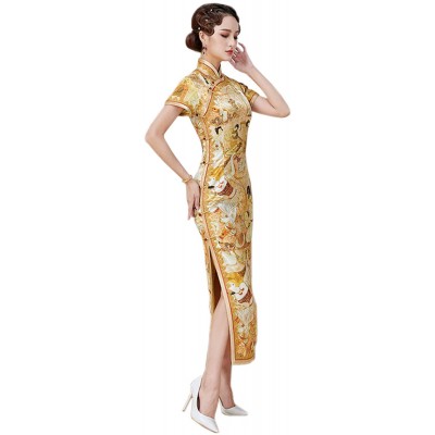 HangErFeng Cheongsam Dresses Silk Printed Oblique Placket Mock Neck Short Sleeve Golden Qipao H3237