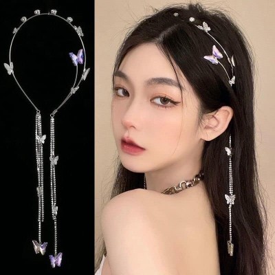 E EMZHOLE Wedding Butterfly Headband Head Chain Silver Tassel Hair Hoop Band Hair Vine Vintage Decorative Headwear Headpieces Hair Accessories for Women and Girls Headdress (02) (01)