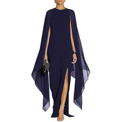 MAYFASEY Women's Elegant High Split Flare Sleeve Formal Evening Gowns Maxi Dress with Cape
