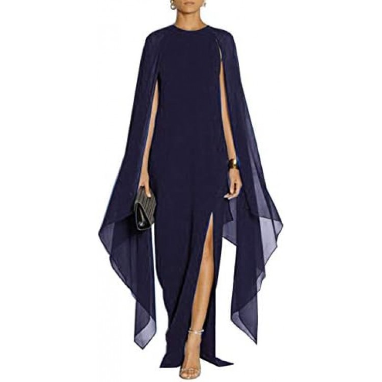 MAYFASEY Women's Elegant High Split Flare Sleeve Formal Evening Gowns Maxi Dress with Cape