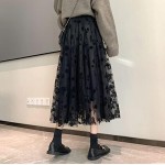 Women Tutu Tulle Skirt Elastic High Waist Layered Skirt Floral Print Mesh A-Line Midi Skirt