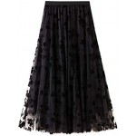 Women Tutu Tulle Skirt Elastic High Waist Layered Skirt Floral Print Mesh A-Line Midi Skirt