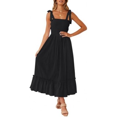 ZESICA Women's 2023 Summer Boho Spaghetti Strap Square Neck Solid Color Ruffle A Line Beach Long Maxi Dress