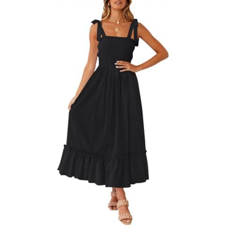 ZESICA Women's 2023 Summer Boho Spaghetti Strap Square Neck Solid Color Ruffle A Line Beach Long Maxi Dress