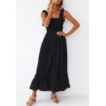 ZESICA Women's 2023 Summer Boho Spaghetti Strap Square Neck Solid Color Ruffle A Line Beach Long Maxi Dress