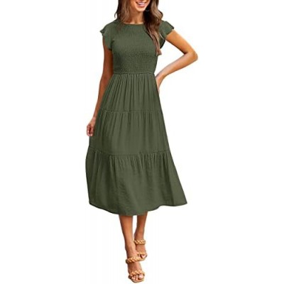 MEROKEETY Women's Flutter Short Sleeve Smocked Midi Dress Summer Casual Tiered A-Line Dress