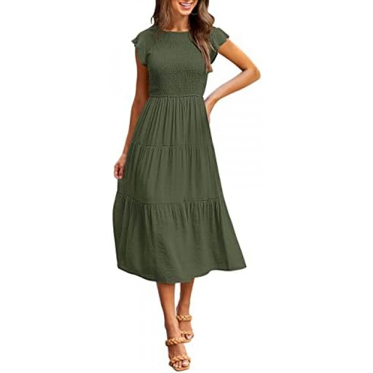 MEROKEETY Women's Flutter Short Sleeve Smocked Midi Dress Summer Casual Tiered A-Line Dress