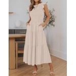 ZESICA Women's Summer Casual Flutter Short Sleeve Crew Neck Smocked Elastic Waist Tiered Midi Dress