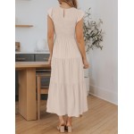 ZESICA Women's Summer Casual Flutter Short Sleeve Crew Neck Smocked Elastic Waist Tiered Midi Dress