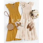 ZESICA Women's Summer Casual Flutter Short Sleeve Crew Neck Smocked Elastic Waist Tiered Midi Dress