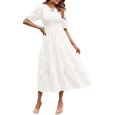 MEROKEETY Women's 2024 Summer Puff Sleeve Smocked Floral Dress Crewneck Lace Flowy Tiered Midi Dresses