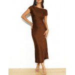 2023 Satin Cap Sleeve Cowl Back Summer Dresses for Women Elegant Ruched Waist Wedding Guest Midi Dress