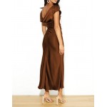 2023 Satin Cap Sleeve Cowl Back Summer Dresses for Women Elegant Ruched Waist Wedding Guest Midi Dress
