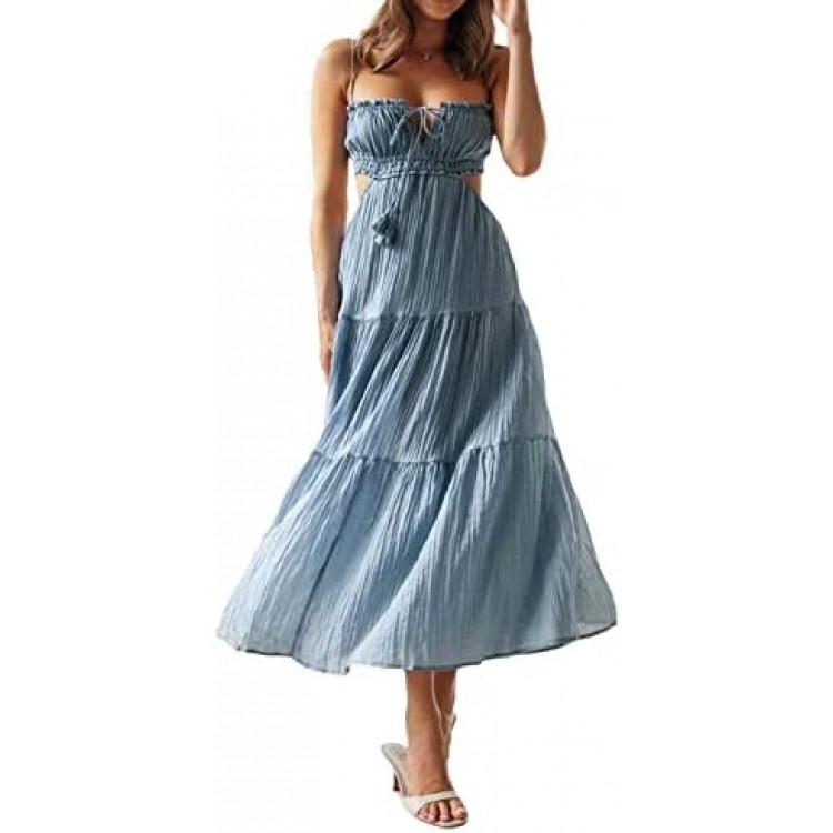 FEORJGP Womens Summer Spaghetti Strap Long Dress Boho Low Cut Dress Backless Bodycon Midi Dress Bohemian Maxi Dress Beachwear