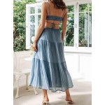 FEORJGP Womens Summer Spaghetti Strap Long Dress Boho Low Cut Dress Backless Bodycon Midi Dress Bohemian Maxi Dress Beachwear