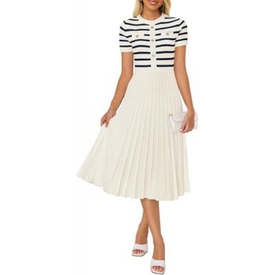 ZESICA Women's Casual Striped Midi Dress Crewneck Short Sleeve Button Ribbed Knit Swing Pleated A Line Dresses