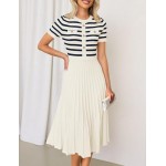 ZESICA Women's Casual Striped Midi Dress Crewneck Short Sleeve Button Ribbed Knit Swing Pleated A Line Dresses