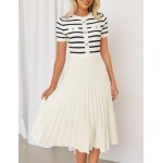 ZESICA Women's Casual Striped Midi Dress Crewneck Short Sleeve Button Ribbed Knit Swing Pleated A Line Dresses