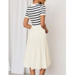 ZESICA Women's Casual Striped Midi Dress Crewneck Short Sleeve Button Ribbed Knit Swing Pleated A Line Dresses