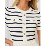 ZESICA Women's Casual Striped Midi Dress Crewneck Short Sleeve Button Ribbed Knit Swing Pleated A Line Dresses