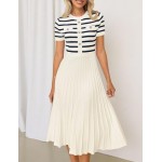 ZESICA Women's Casual Striped Midi Dress Crewneck Short Sleeve Button Ribbed Knit Swing Pleated A Line Dresses