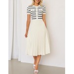 ZESICA Women's Casual Striped Midi Dress Crewneck Short Sleeve Button Ribbed Knit Swing Pleated A Line Dresses