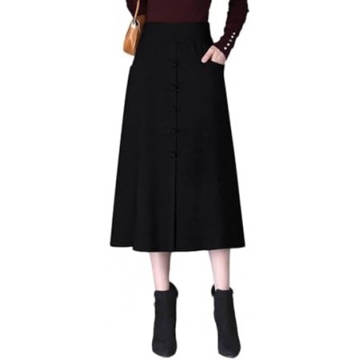 SMBHIAON Woolen Cloth Big Swing Skirts for Women - Simple Solid High Waist Keep Warm Mid-Length Pleated Skirt,Large Size Elastic Waist Thick with Pocket Loose Skirts