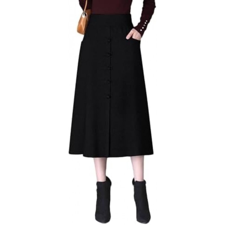 SMBHIAON Woolen Cloth Big Swing Skirts for Women - Simple Solid High Waist Keep Warm Mid-Length Pleated Skirt,Large Size Elastic Waist Thick with Pocket Loose Skirts