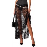 Women Lace Midi Skirt Sheer Mesh Skirts Boho Ruffle Long Flowy Skirt See Through Beach Floral Maxi Skirt