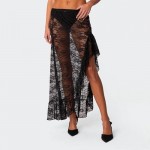 Women Lace Midi Skirt Sheer Mesh Skirts Boho Ruffle Long Flowy Skirt See Through Beach Floral Maxi Skirt