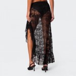 Women Lace Midi Skirt Sheer Mesh Skirts Boho Ruffle Long Flowy Skirt See Through Beach Floral Maxi Skirt