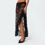 Women Lace Midi Skirt Sheer Mesh Skirts Boho Ruffle Long Flowy Skirt See Through Beach Floral Maxi Skirt