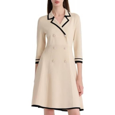 GOELIA Mini Sweater Dress for Women, Double-Breasted V-Neck Knit Dresses for Teacher Work Business 3/4 Sleeve
