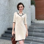 GOELIA Mini Sweater Dress for Women, Double-Breasted V-Neck Knit Dresses for Teacher Work Business 3/4 Sleeve