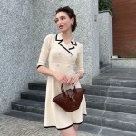 GOELIA Mini Sweater Dress for Women, Double-Breasted V-Neck Knit Dresses for Teacher Work Business 3/4 Sleeve