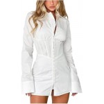 Polo Shirt Dress Women Sexy Fashion Slim Fit Waist Cincher Long Sleeve Buckle Up Dresses