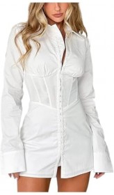 Polo Shirt Dress Women Sexy Fashion Slim Fit Waist Cincher Long Sleeve Buckle Up Dresses