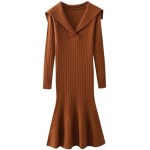 Women's Autumn and Winter Long Skirt, Fishtail Skirt Mid-Length Sweater, Lapel Slimming Knitted Bottoming Dress,XL,Orange