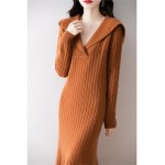Women's Autumn and Winter Long Skirt, Fishtail Skirt Mid-Length Sweater, Lapel Slimming Knitted Bottoming Dress,XL,Orange