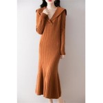 Women's Autumn and Winter Long Skirt, Fishtail Skirt Mid-Length Sweater, Lapel Slimming Knitted Bottoming Dress,XL,Orange