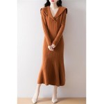 Women's Autumn and Winter Long Skirt, Fishtail Skirt Mid-Length Sweater, Lapel Slimming Knitted Bottoming Dress,XL,Orange
