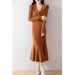 Women's Autumn and Winter Long Skirt, Fishtail Skirt Mid-Length Sweater, Lapel Slimming Knitted Bottoming Dress,XL,Orange