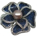 Flower Brooch With Silver Housing Decorated With Blue and White Swiss Diamond And Real Freshwater Lavender Pearl (11.0 Mm)