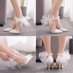 Women Pointed Toe Stiletto Pumps Ladies Party PU Leather Lace Bow Tie Ankle Strap Wedding Bridal Dress Court High Heel,White,35 EU