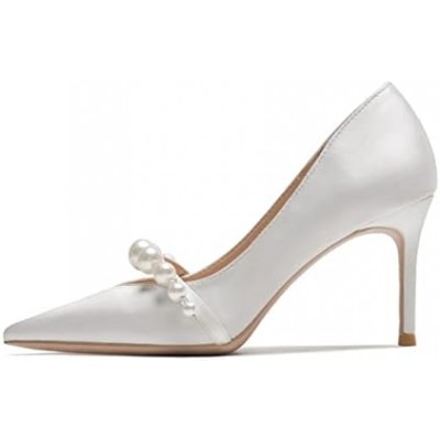 Pearls Satin Women Pumps Shallow Thin High Heels Female Dress Shoes Spring Summer Wedding Bridal Shoes (Color : White, Shoe Size : 4.5 UK)