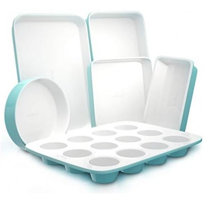 NutriChef 6-Pcs Kitchen Oven Baking Pans - Non-Stick Baking Sheets Set, Attractive Green Pans & White Inside Pan, Quality Kitchenware for Cooking & Baking Cake Loaf, Muffins & More