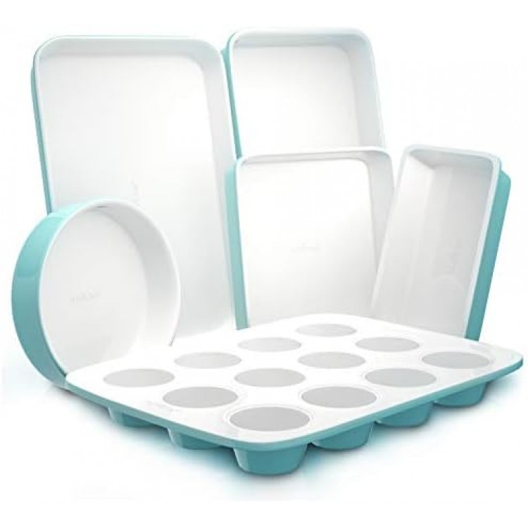 NutriChef 6-Pcs Kitchen Oven Baking Pans - Non-Stick Baking Sheets Set, Attractive Green Pans & White Inside Pan, Quality Kitchenware for Cooking & Baking Cake Loaf, Muffins & More