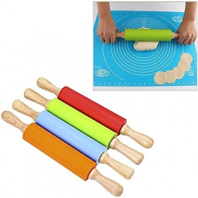 Kitchenware Gadgets kn055 Solid Wooden Handle Silicone Rolling Pin Non-Stick Food Dumpling Stick, Length: 38cm, Random Color Delivery Kitchenware Gadgets