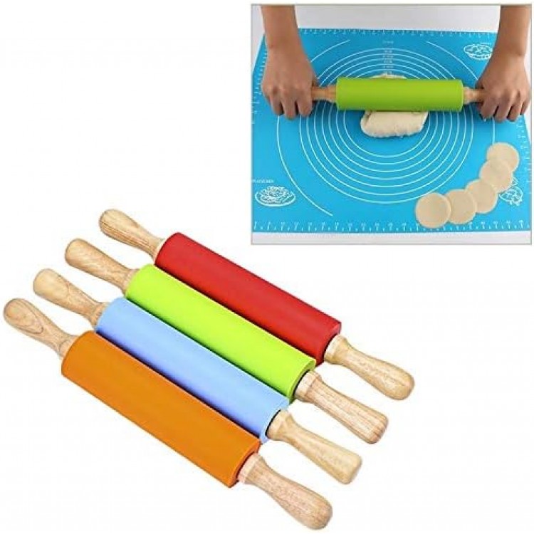 Kitchenware Gadgets kn055 Solid Wooden Handle Silicone Rolling Pin Non-Stick Food Dumpling Stick, Length: 38cm, Random Color Delivery Kitchenware Gadgets